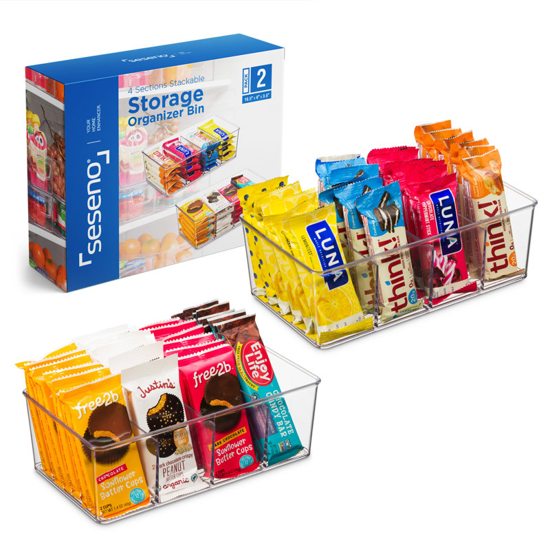 Seseno Set Of 2 Stackable Plastic Food Storage Organizer Bins Divided Compartment For Snacks